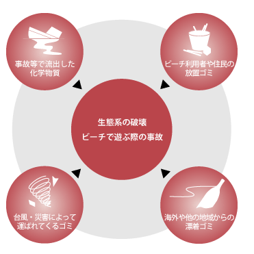 生態系の破壊、ビーチで遊ぶ際の事故の図