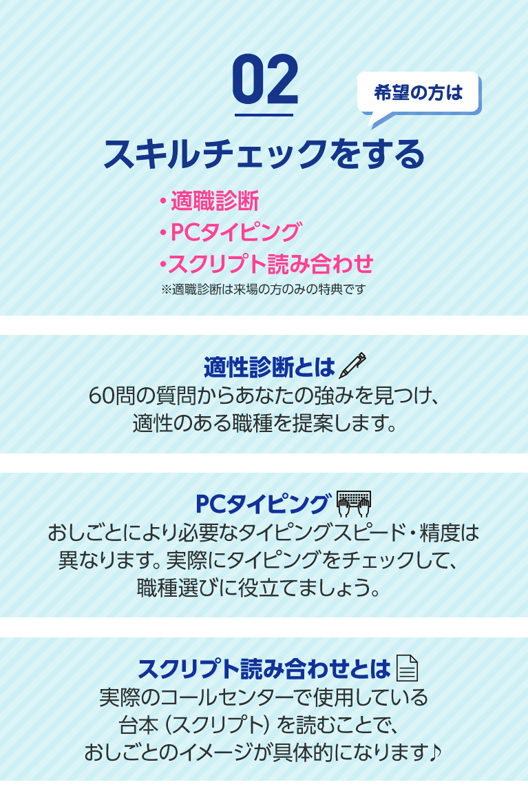 02 希望の方はスキルチェックをする 適職診断 PCタイピング スクリプト読み合わせ ※適職診断は来場の方のみの特典です 適性診断とは 60問の質問からあなたの強みを見つけ、適性のある職種を提案します。 PCタイピング おしごとにより必要なタイピングスピード・精度は異なります。実際にタイピングをチェックして、職種選びに役立てましょう。 スクリプト読み合わせとは 実際のコールセンターで使用している台本（スクリプト）を読むことで、おしごとのイメージが具体的になります♪